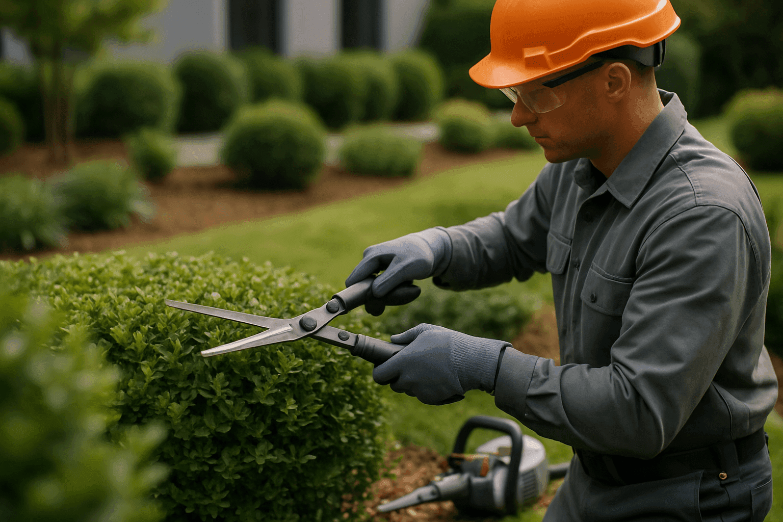 Landscaper wearing safety gear trimng hedge in clean commercial residential garden