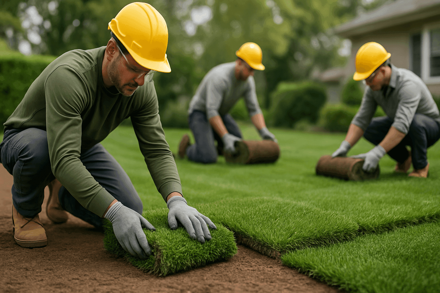 Freshly laid sod being installed on a neat residential lawn