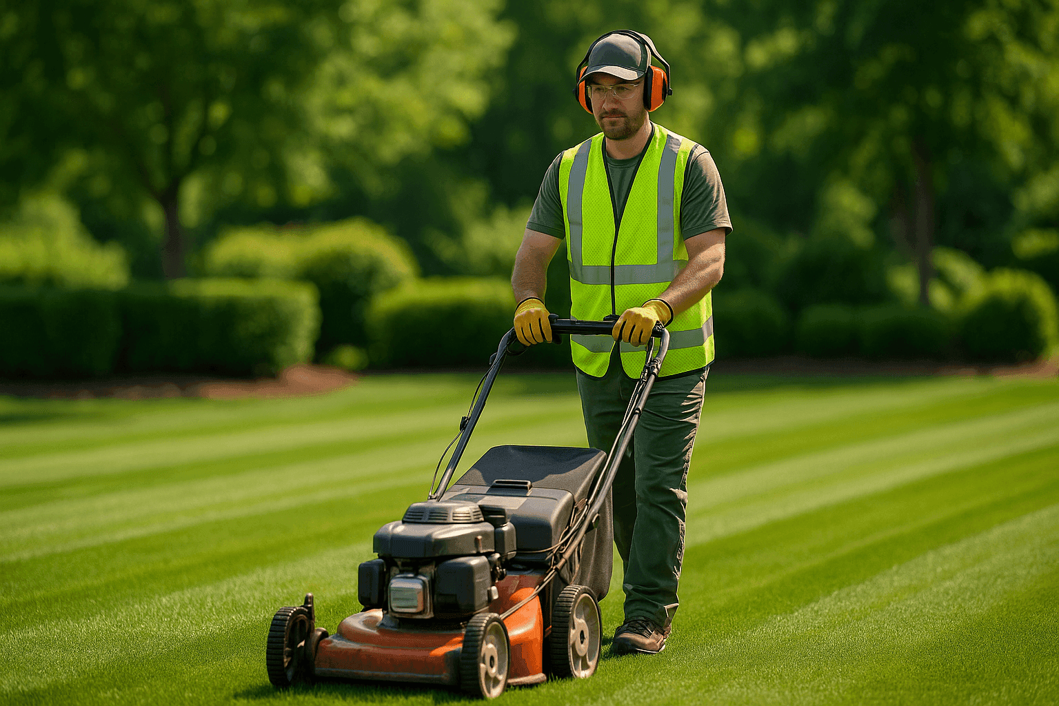 Professional landscaper performing lawn maintenance with lush green grass