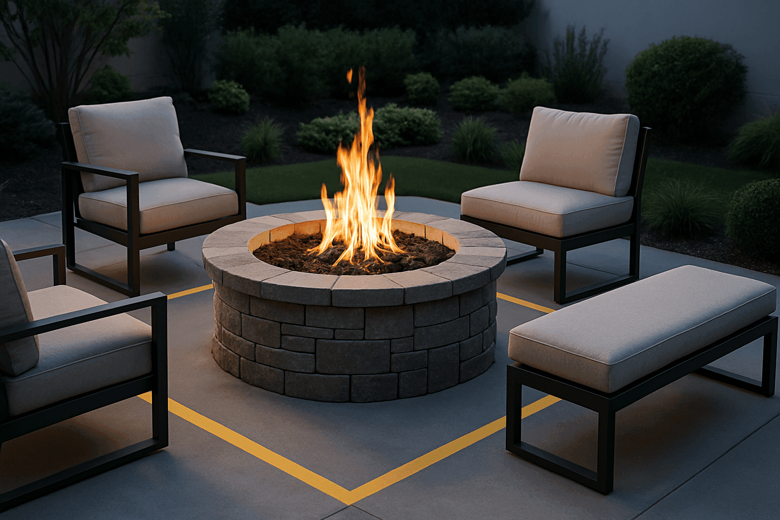 Modern outdoor fire pit with safe seating and clear space
