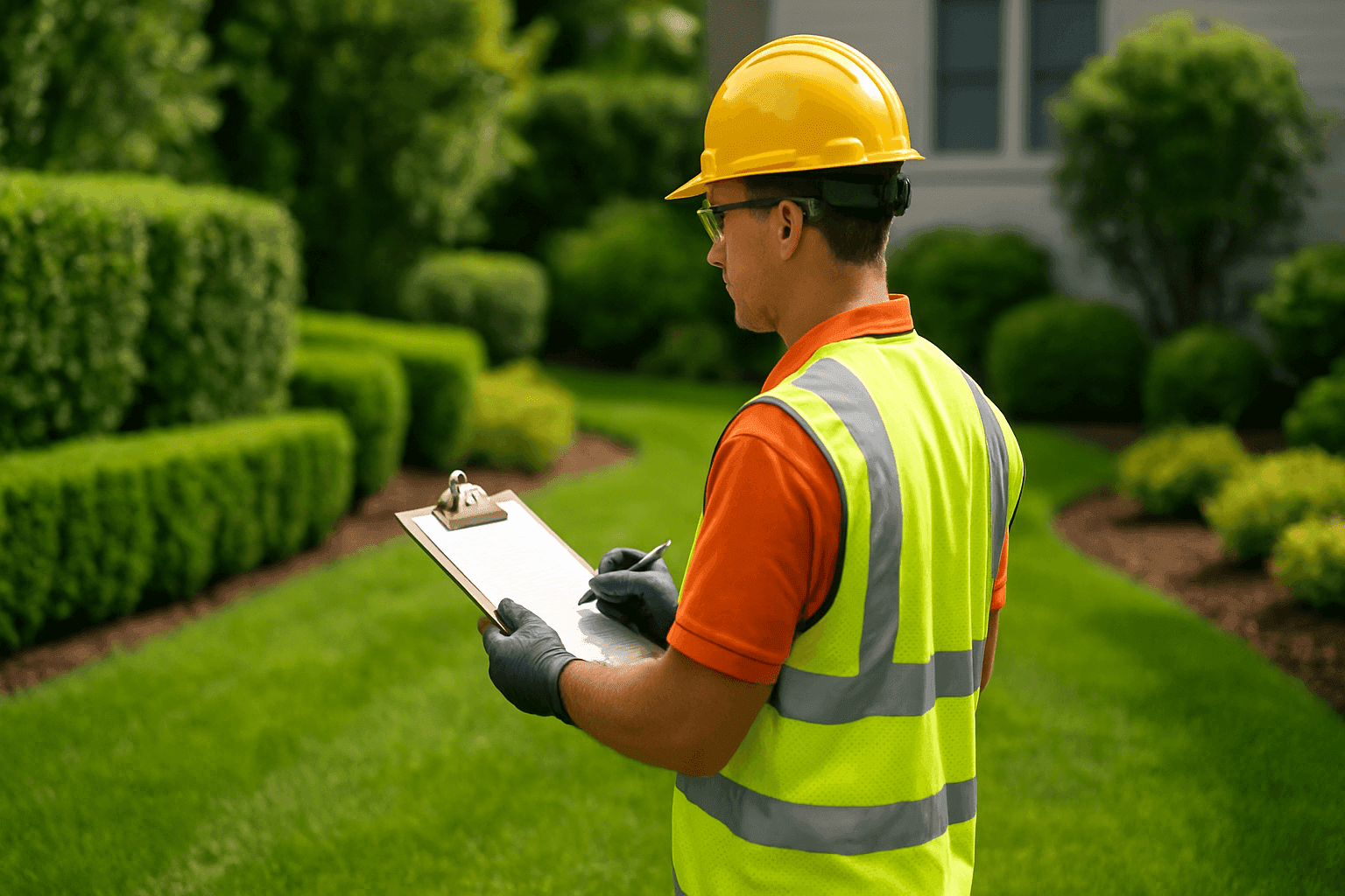 Landscaper checking shrubs and lawn with maintenance checklist