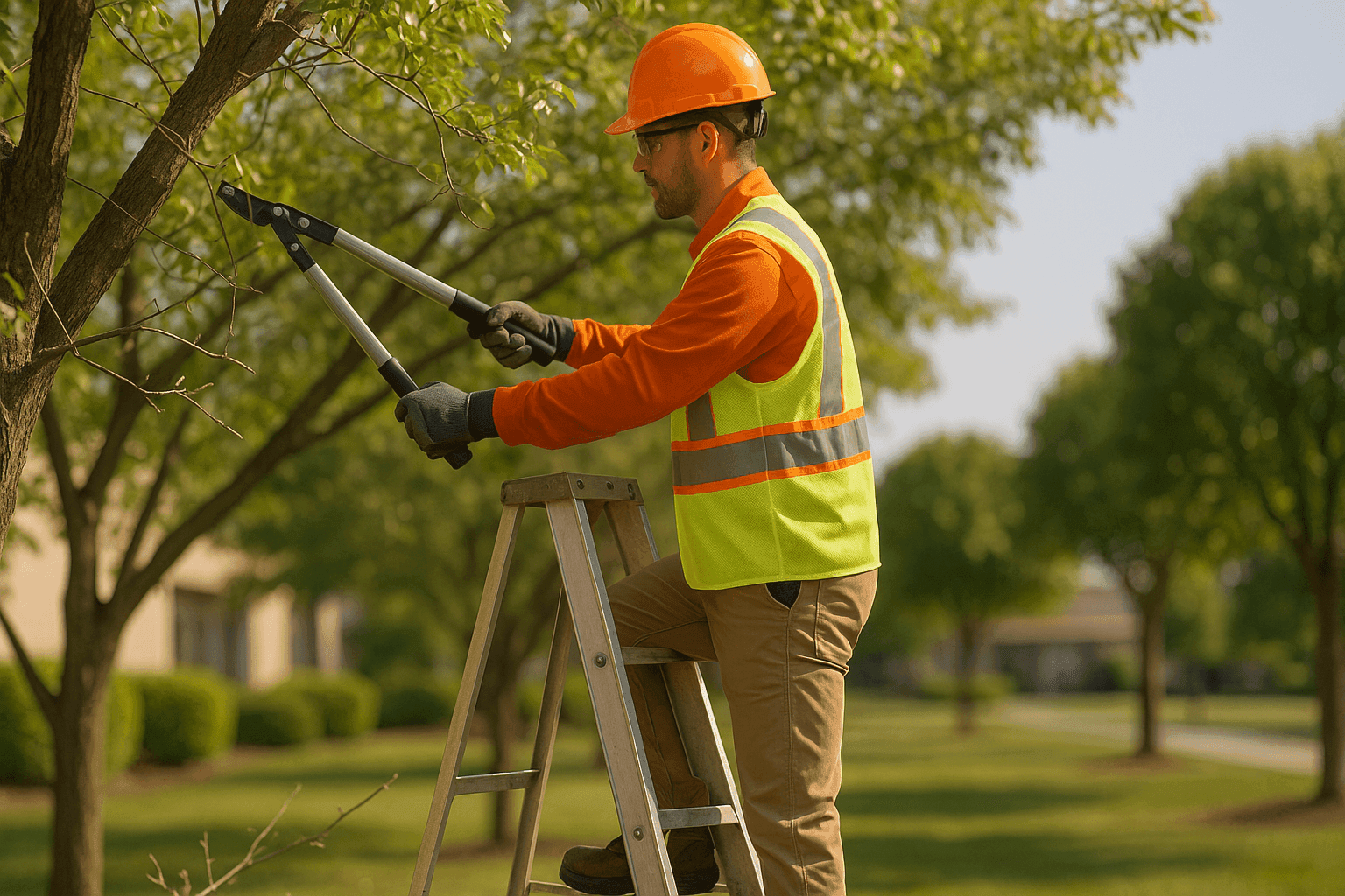 Professional trimming tree branches with safety gear